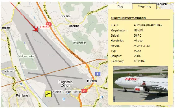Bild: Flughafenkarte links und Flugzeuginformationen rechts