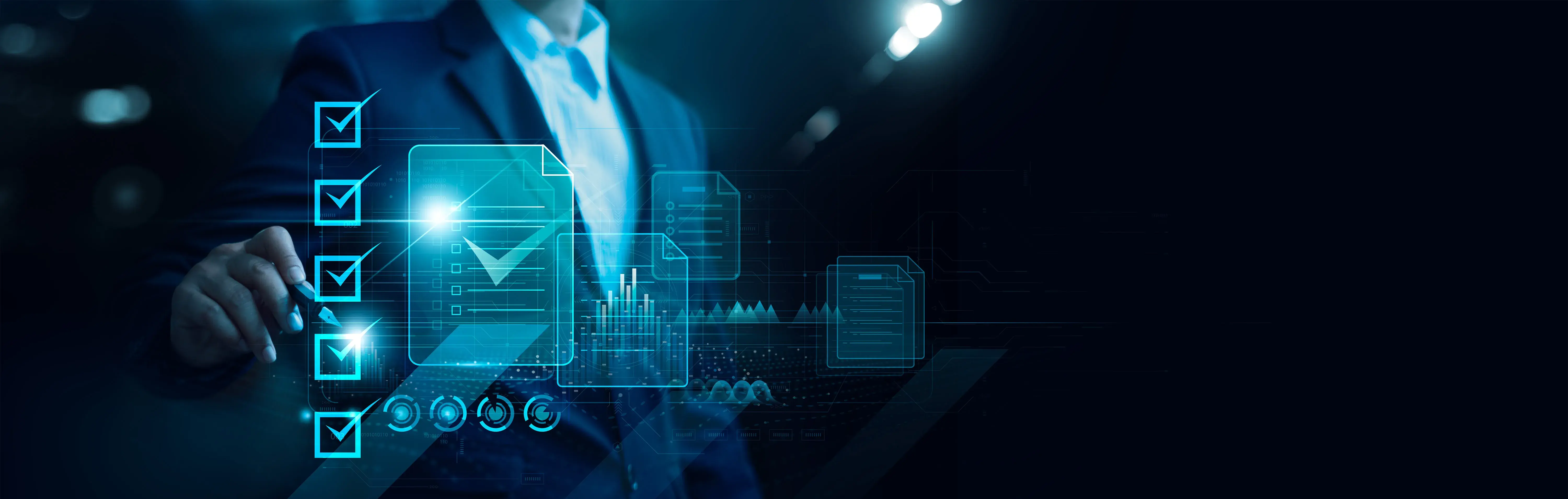 Businessman check electronic documents on digital documents and checklist approve, online evaluation of business on virtual interface, Communication technology concept.