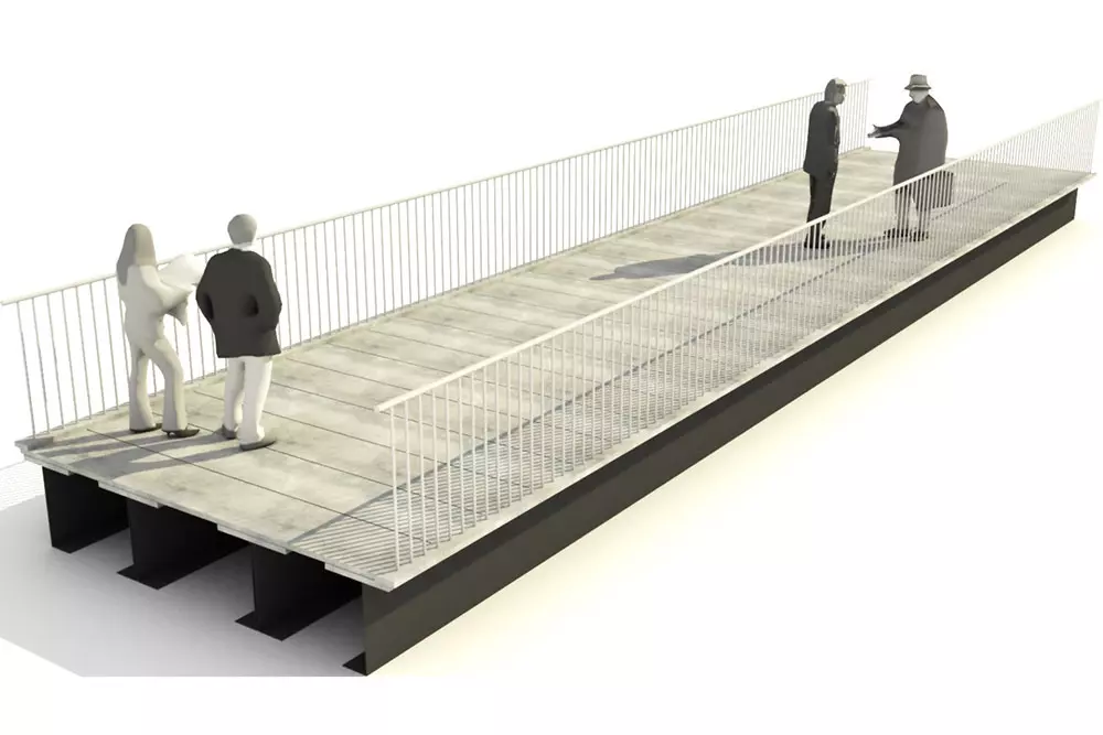 Anwendungsbeispiel einer Fuss- und Radwegbrücke mit einer Fahrbahnplatte aus Beton und Carbonträgern (15m Spannweite)