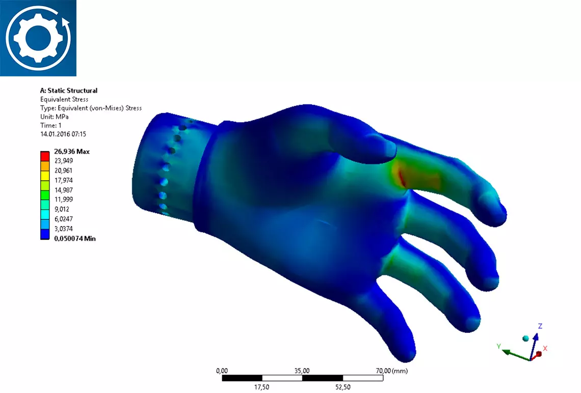 Finite elements Cross-linking of the prosthesis geometry for the load case "lintel in X-direction with impact factor 2".