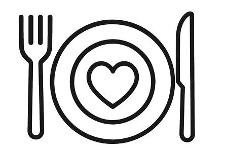 Icon of a plate with a heart, framed by a knife and fork – symbolising community, enjoyment and shared meals within the PREFS programme.
