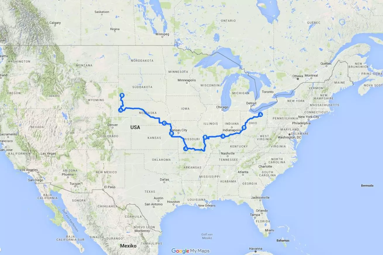 Die zu meisternde Route führte rund 2800 Kilometer quer durch die USA.