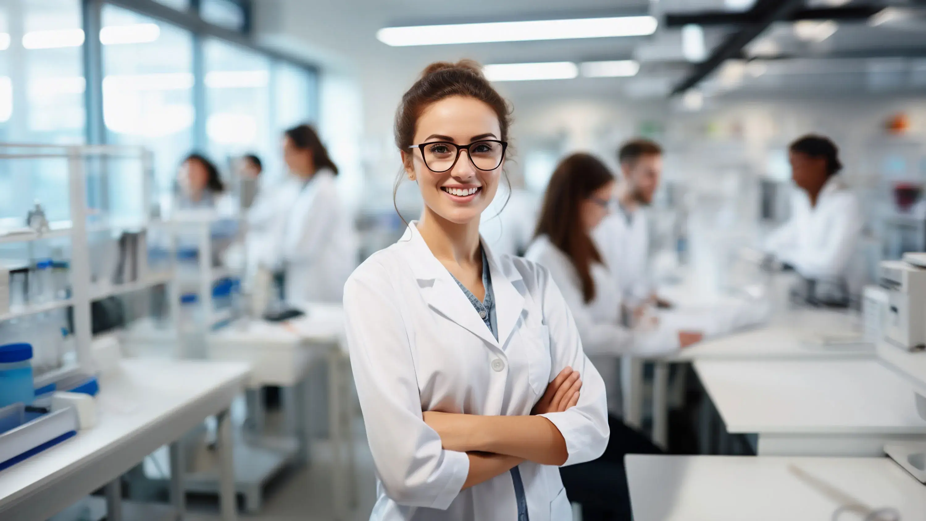Beautiful young woman scientist wearing white coat and glasses in modern Medical Science Laboratory with Team of Specialists on background.