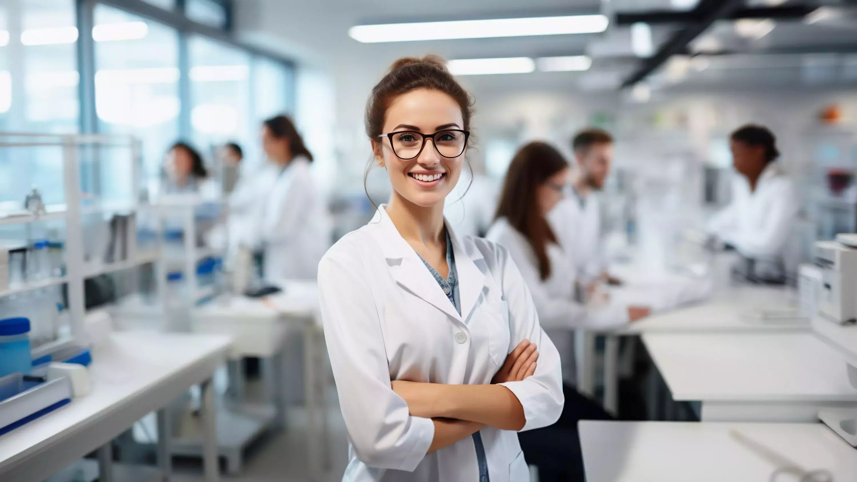 Beautiful young woman scientist wearing white coat and glasses in modern Medical Science Laboratory with Team of Specialists on background.