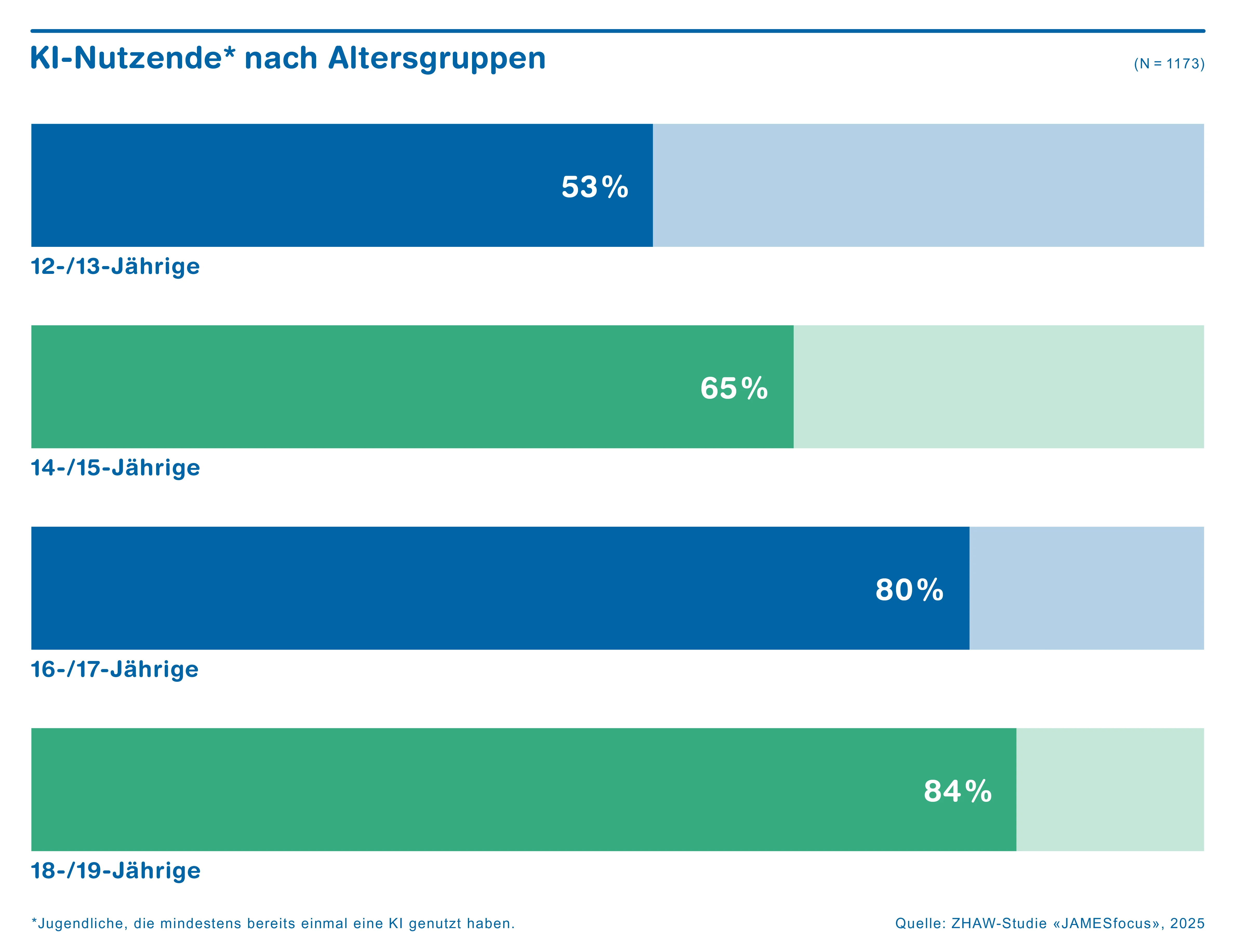 Liegende Balkendiagramme mit Angaben der KI-Nutzenden nach Altersgruppen sortiert.