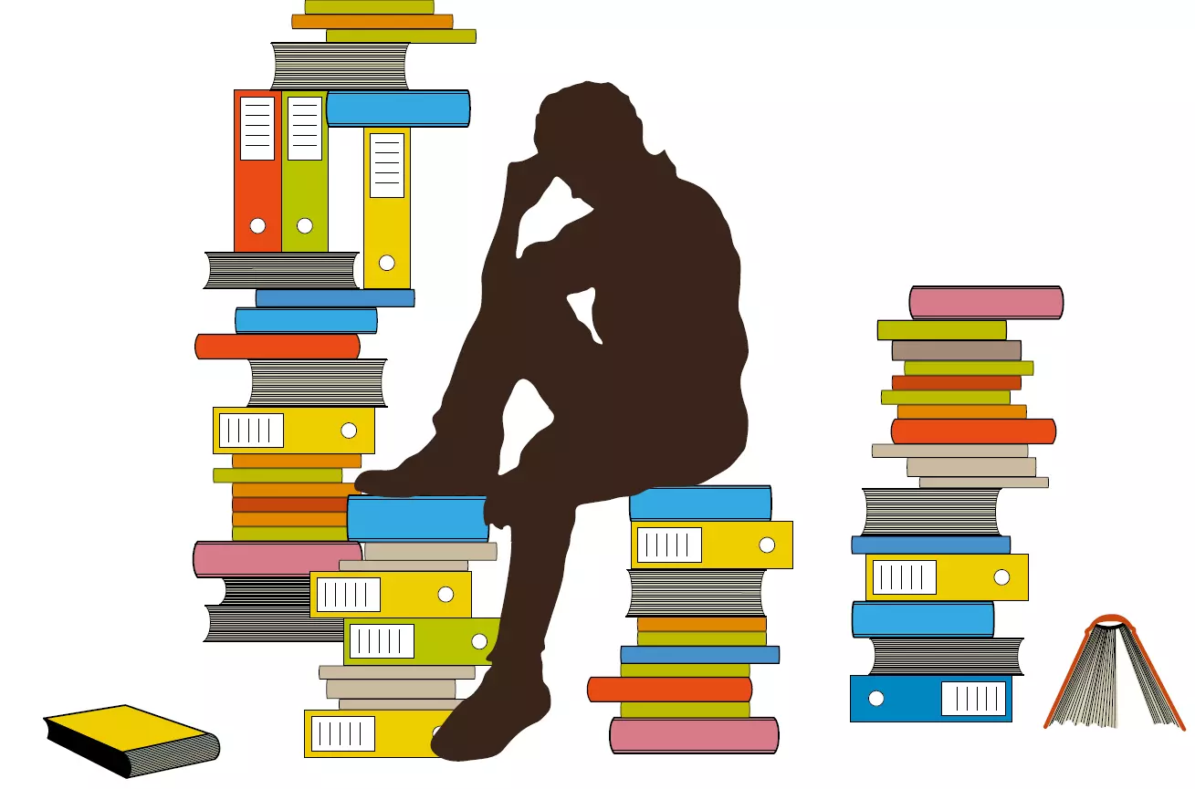 Illustration: Silhuette sitzt auf Bücherstabel