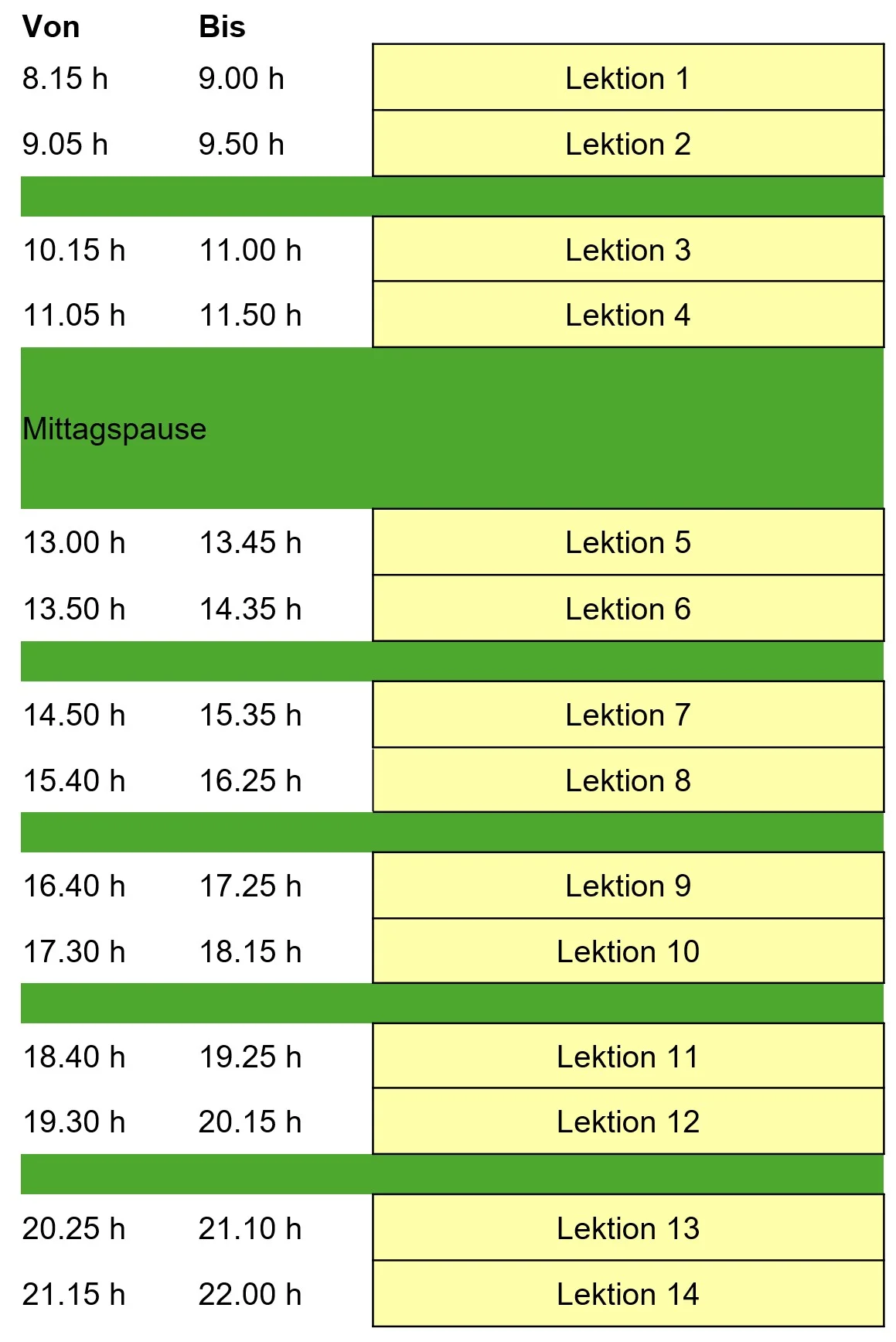 Tabelle Lektionsraster Vollzeitstudium/Teilzeitstudium
