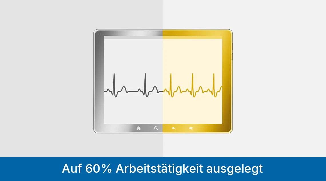 Grafik mit einem Tablet, das mittig dargestellt und links silbern sowie rechts goldfarben eingefärbt ist. Auf dem Display verläuft eine stilisierte Herzschlaglinie. Am unteren Bildrand steht der Hinweis: „Auf 60 % Arbeitstätigkeit ausgelegt“.