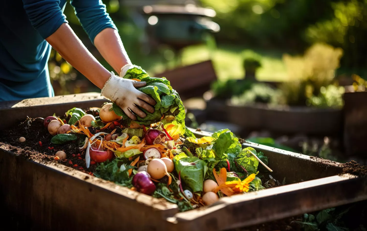 Person composting organic waste in a backyard created with Generative AI technology