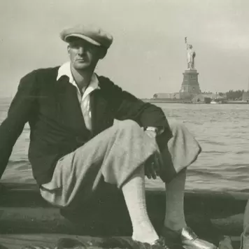 Albert Frey arriving in the United States by boat, with Statue of Liberty in the background, 1930.