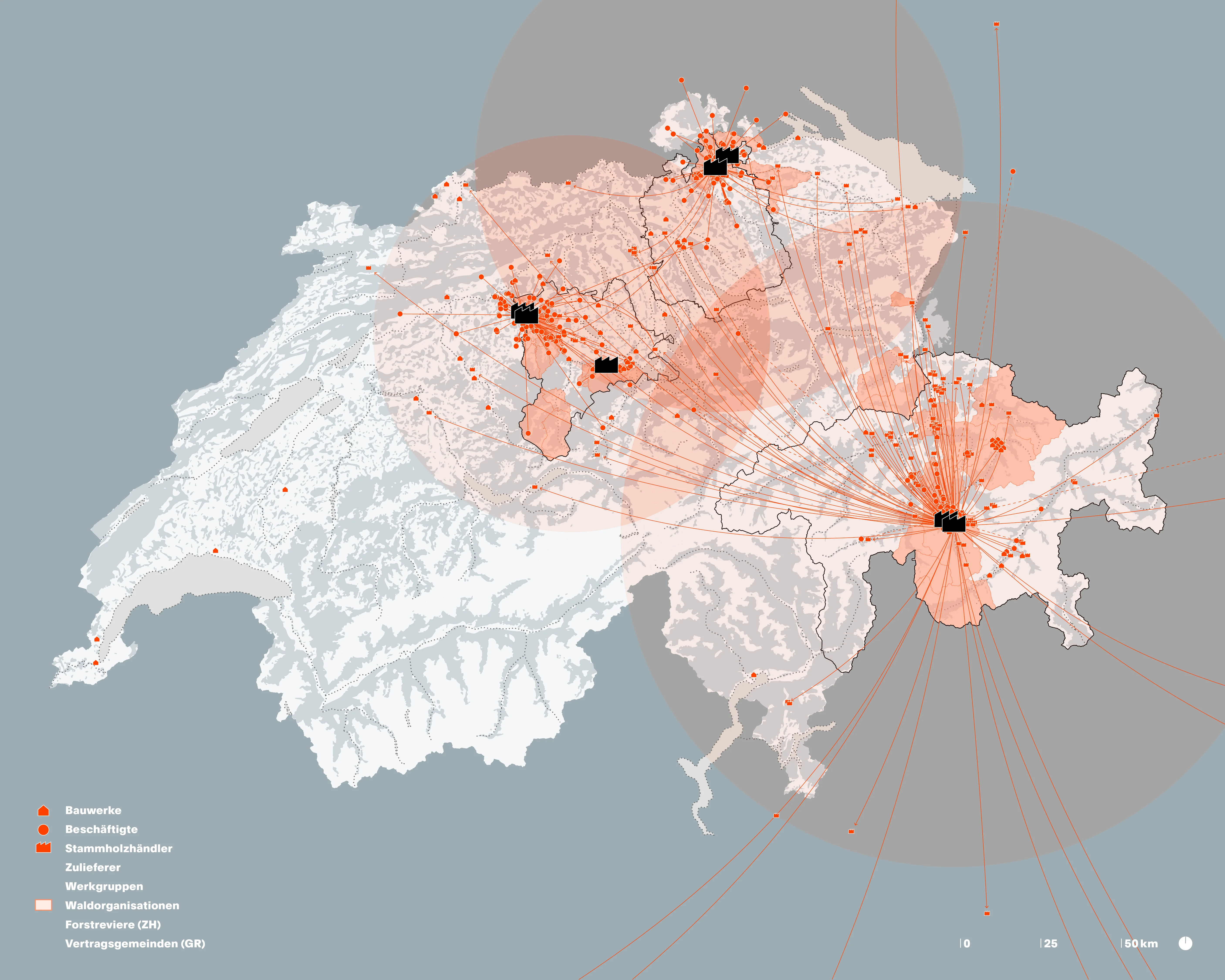 Grafik der Wertschöpfungsnetzwerke in der Schweizer Holzbaukultur