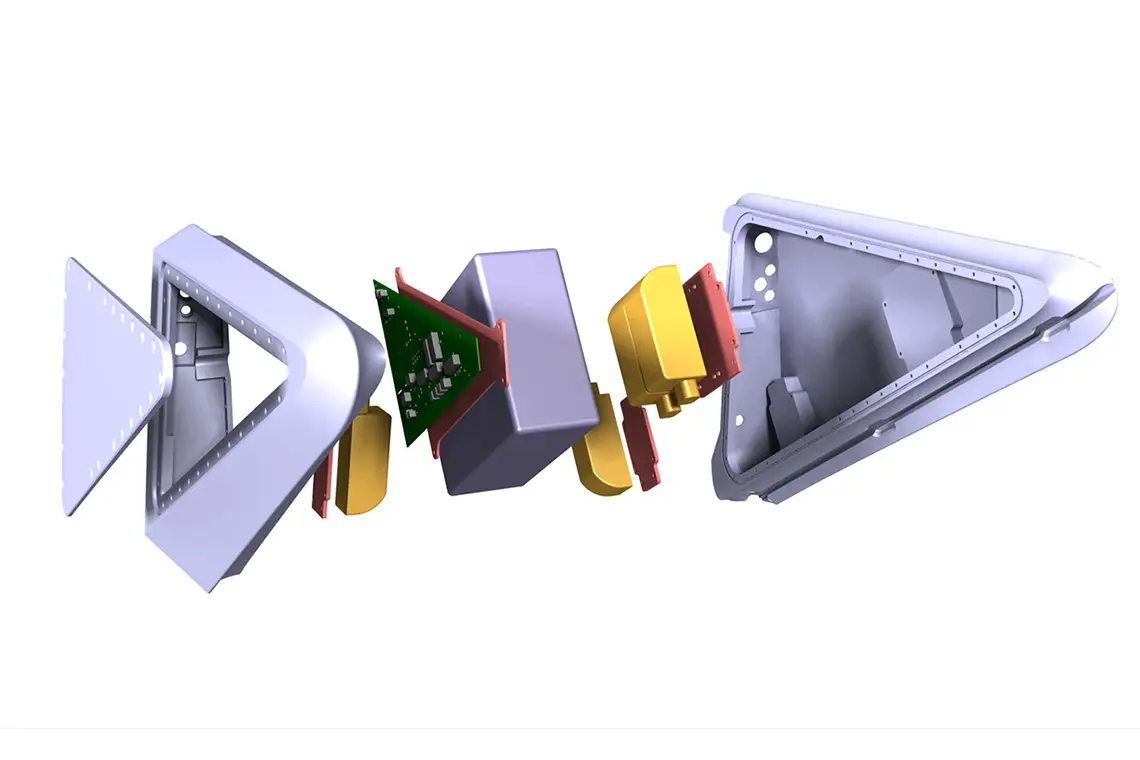 Sämtliche Komponenten sind in einem Aluminiumgehäuse zusammengefasst, wie die CAD-Darstellung zeigt.