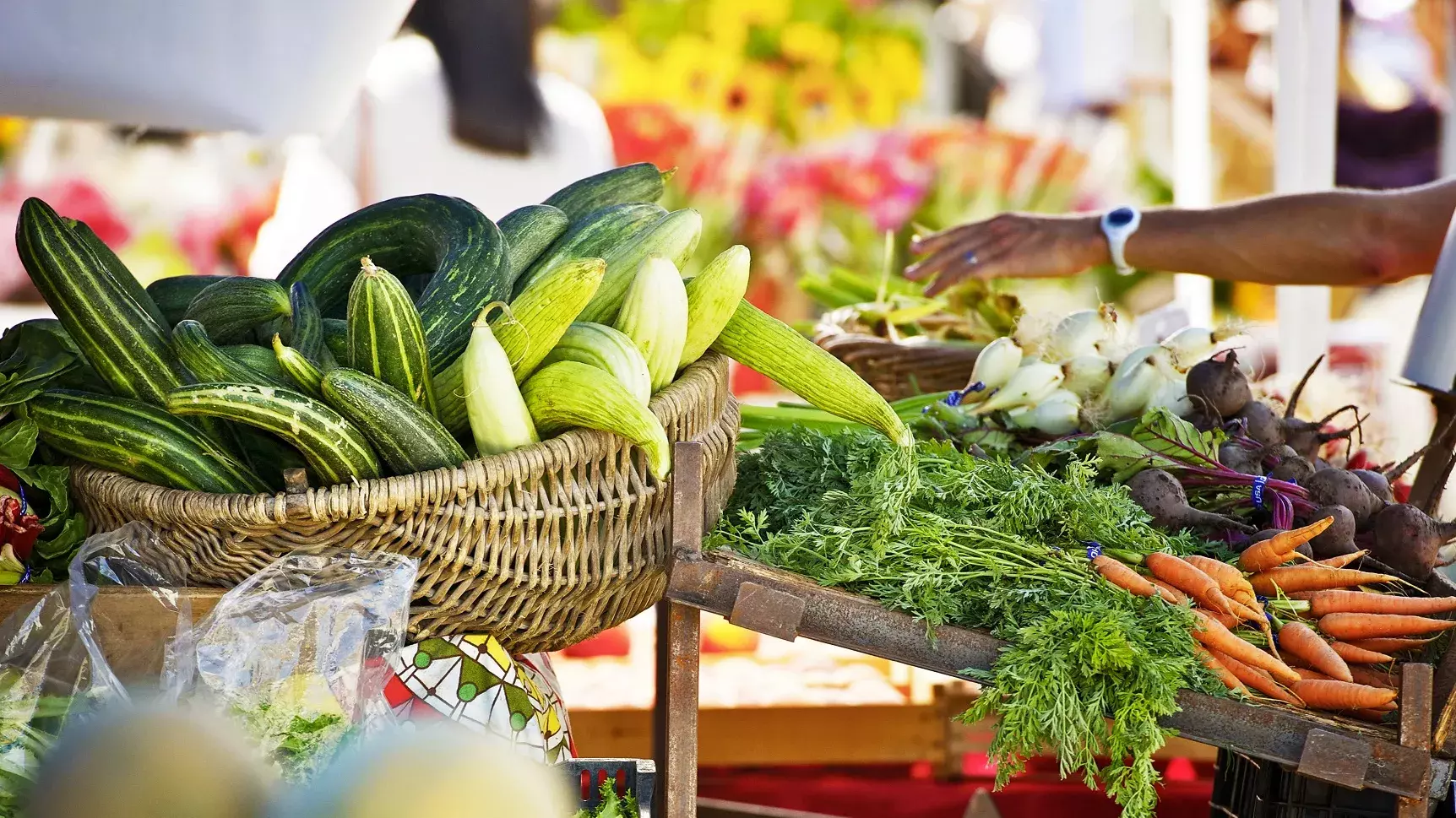 Bild eines bunten Markstands mit Früchten und Gemüse.