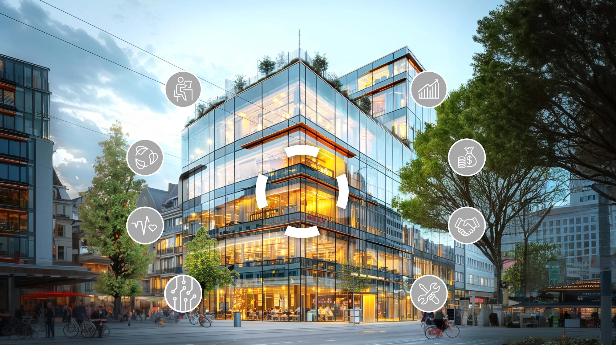 Ein modernes Geschäftshaus mit beleuchteten Fenstern vor blauem Hintergrund. Darüber kreisförmig angeordnet acht Icons, die verschiedene Stadien des Immobilienlebenszyklus symbolisieren. 