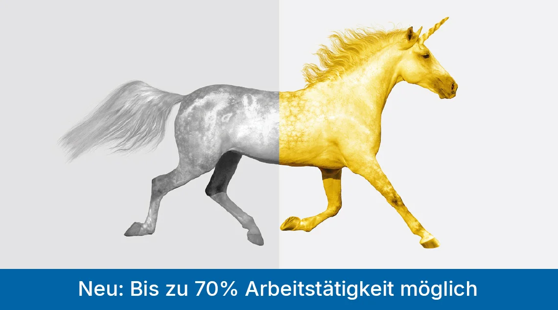 Grafik mit einem Einhorn in Bewegung, dessen linke Körperhälfte silbern und rechte Hälfte goldfarben dargestellt ist. Am unteren Bildrand steht der Hinweis: „Neu: Bis zu 70 % Arbeitstätigkeit möglich“.