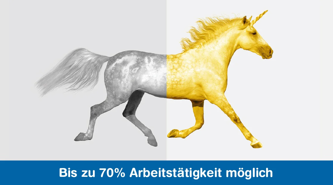Ein Einhorn in Bewegung, dessen linke Körperhälfte silbern und rechte Hälfte goldfarben dargestellt ist, mit dem Hinweis: „Neu: Bis zu 70 % Arbeitstätigkeit möglich“.