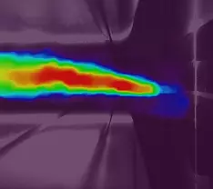 Die Abbildung zeigt die mittels PIV (Particle Image Velocimetry) gemessene Momentaufnahme eines sich aufbauenden instationären Düsenstrahls.