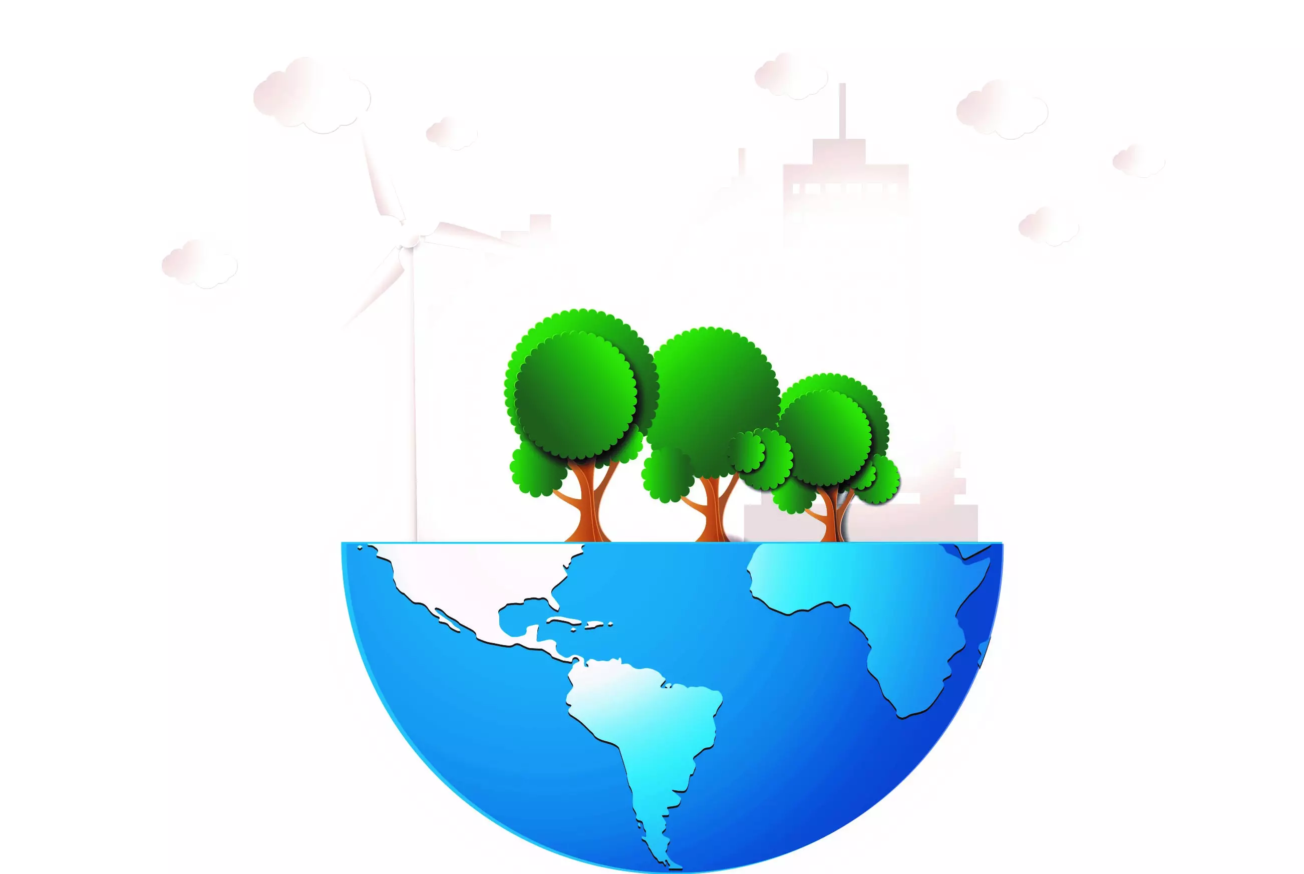 Das Bild zeigt das Logo des Energie- und Umweltforums. Das Logo ist eine halbe Weltkugel, auf welcher Bäume wachsen, welche im Vordergrund einer Stadt stehen. Es soll die Vereinbarkeit von Natur/ erneurbaren Energien und unserer Gesellschaft zeigen. 