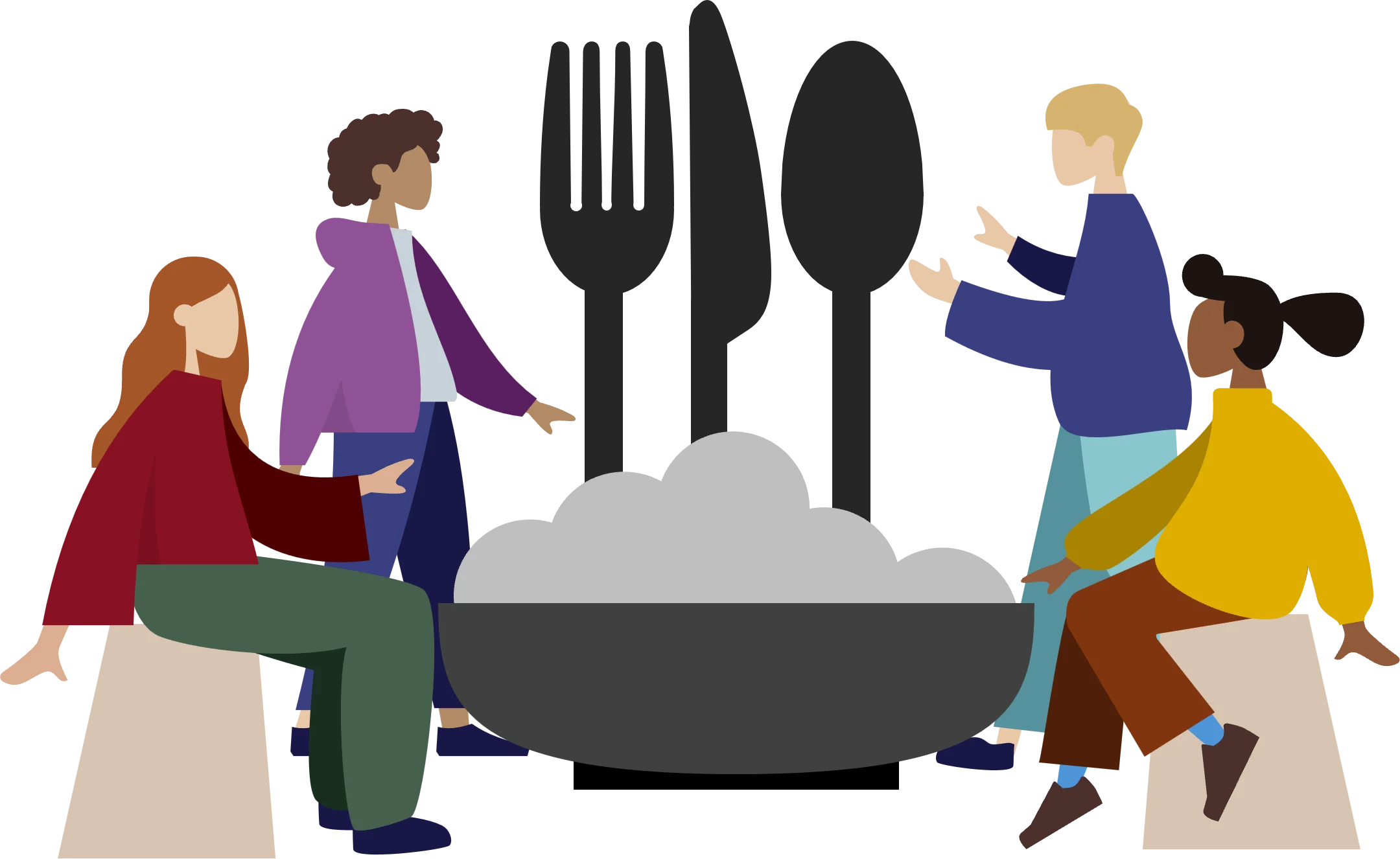 An illustration showing four people gathered round a meal.