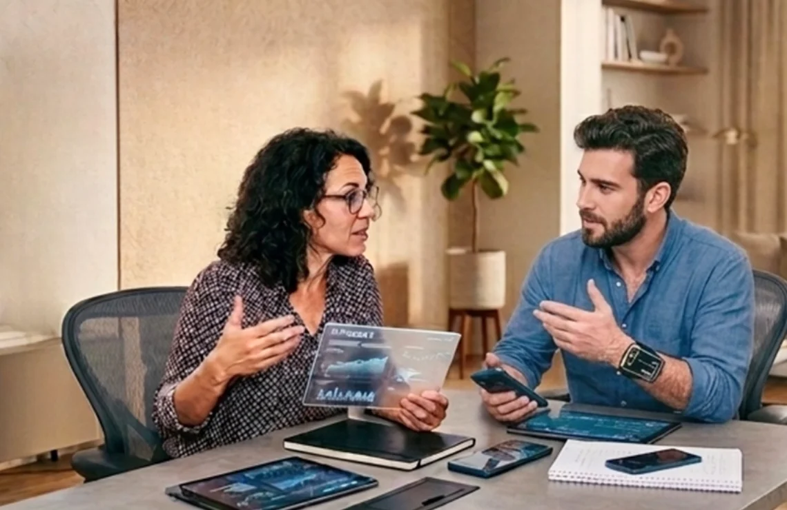 2 Personen mit KI-Tools sitzen an einem Tisch