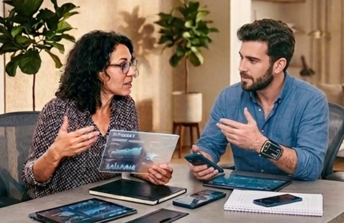 2 Personen mit KI-Tools sitzen an einem Tisch