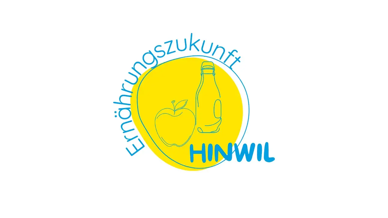 Logo des Projekts Ernährungszukunft in gelb und blau mit Bild eines Apfels und einer Milchflasche.