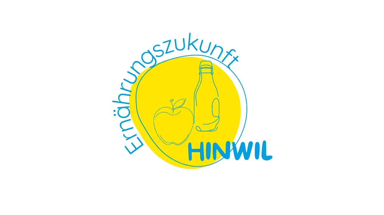 Logo des Projekts Ernährungszukunft in gelb und blau mit Bild eines Apfels und einer Milchflasche.