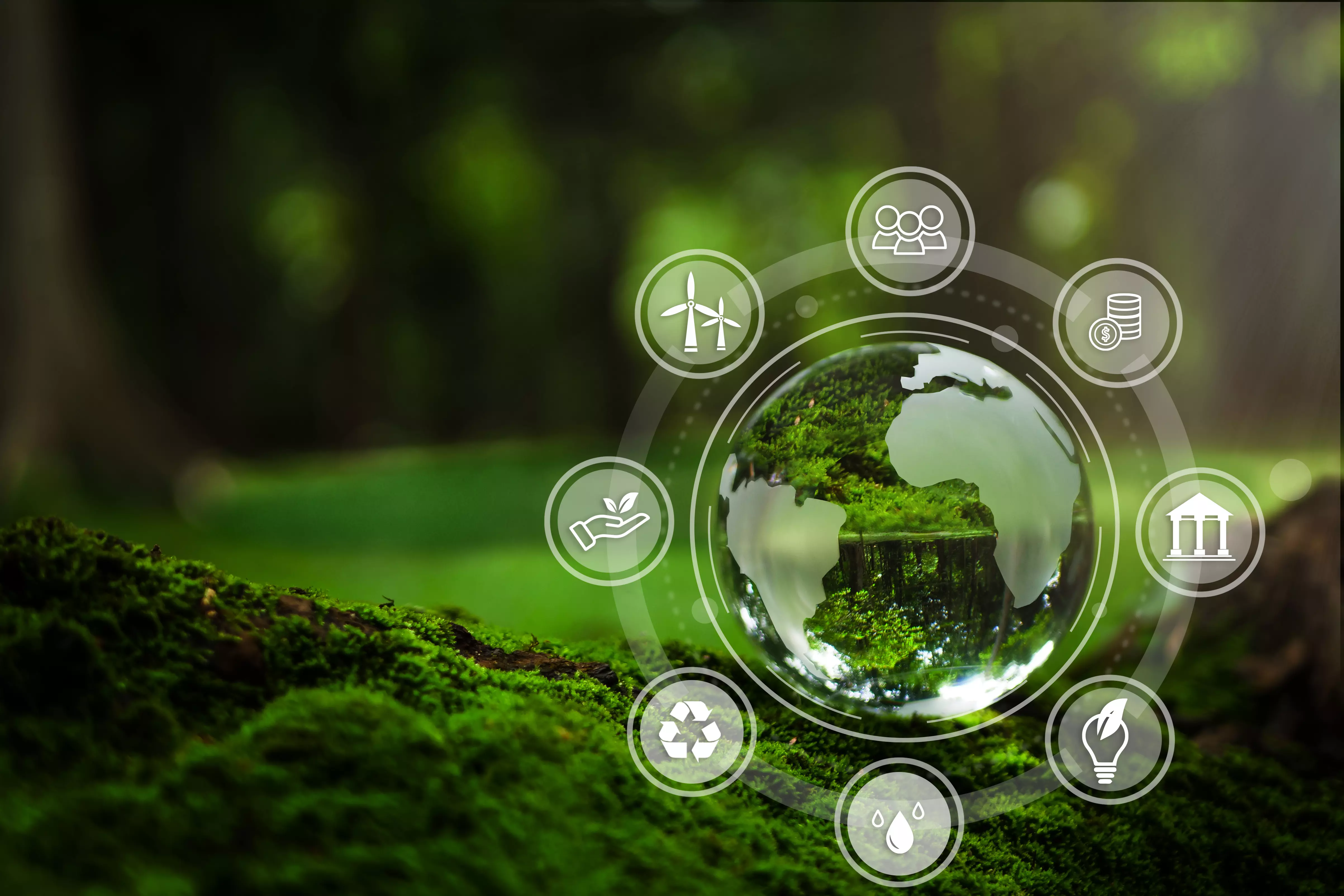 Crystal globe putting on moss, ESG icon for Environment Social and Governance, World sustainable environment concept with a green background.