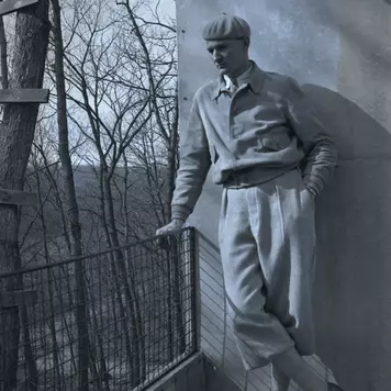 Albert Frey on terrace of Aluminaire house, Syosset, New York, 1931