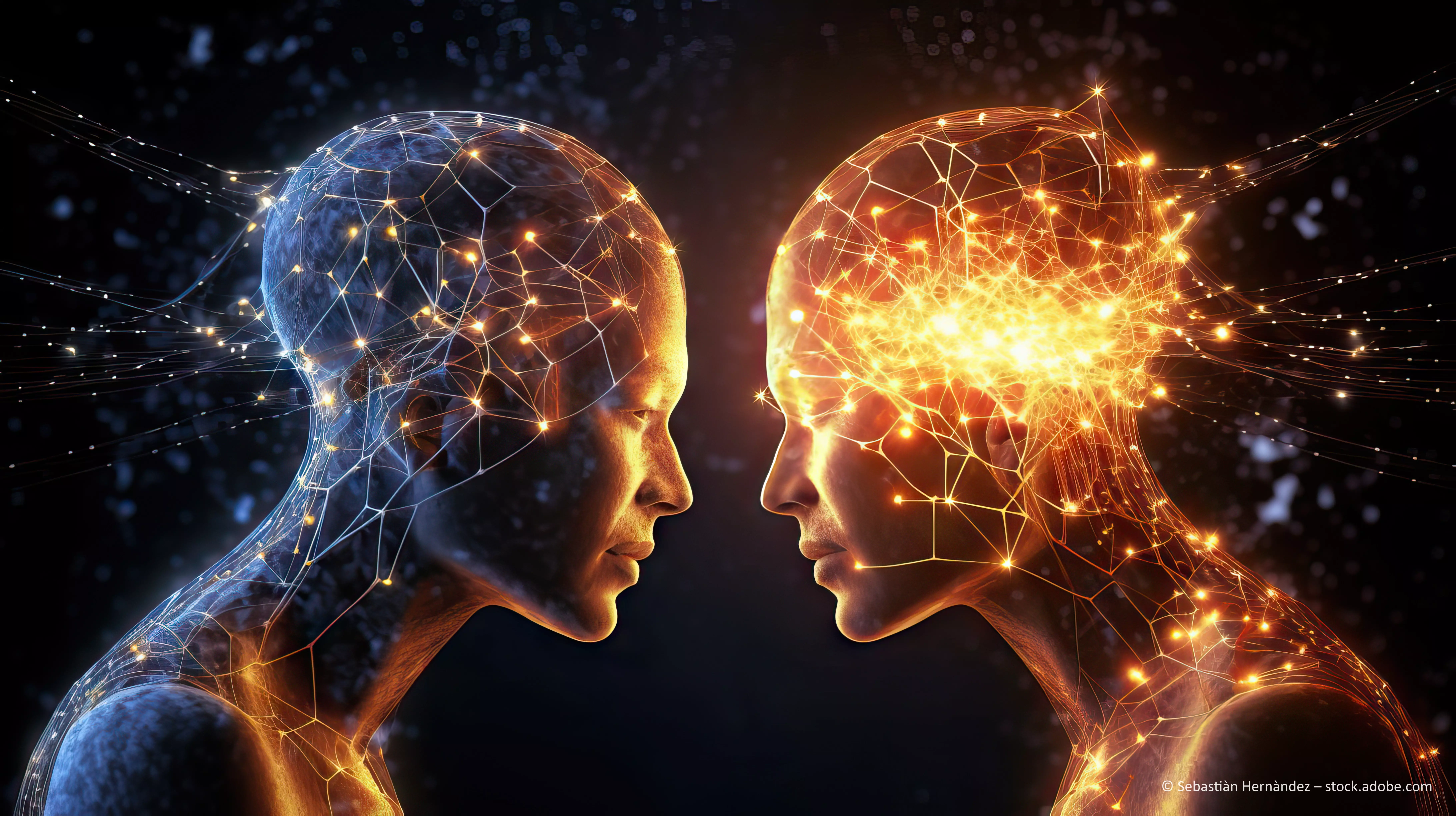 Two people spiritually connected, discussing and resolving problems, seen in electromagnetic and astral terms. Generative AI