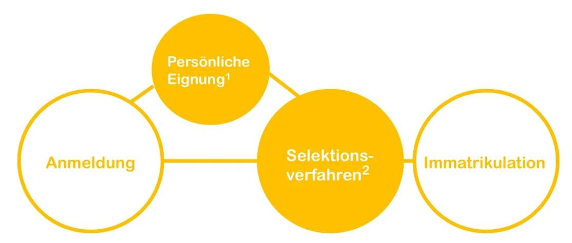 Grafik Ablauf Aufnahmeverfahren: 1. Anmeldung / 2. Eignungstest / 3. Slektionsverfahren / 4. Immatrikulation