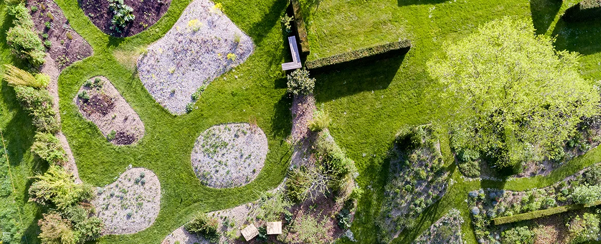Gärten im Grüental in Wädenswil aus der Vogelperspektive.