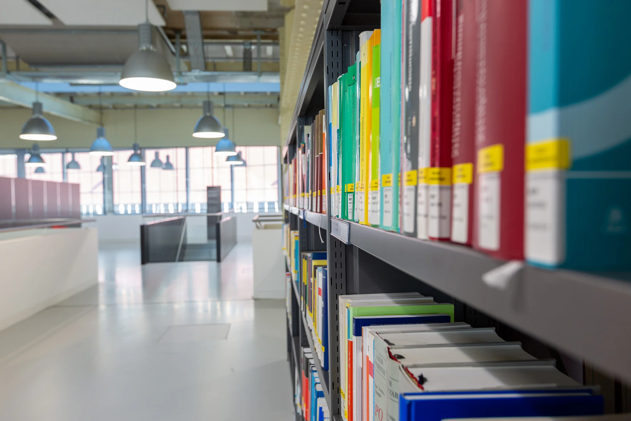 farbige Bücher stehen in einem Regal in der Hochschulbibliothek
