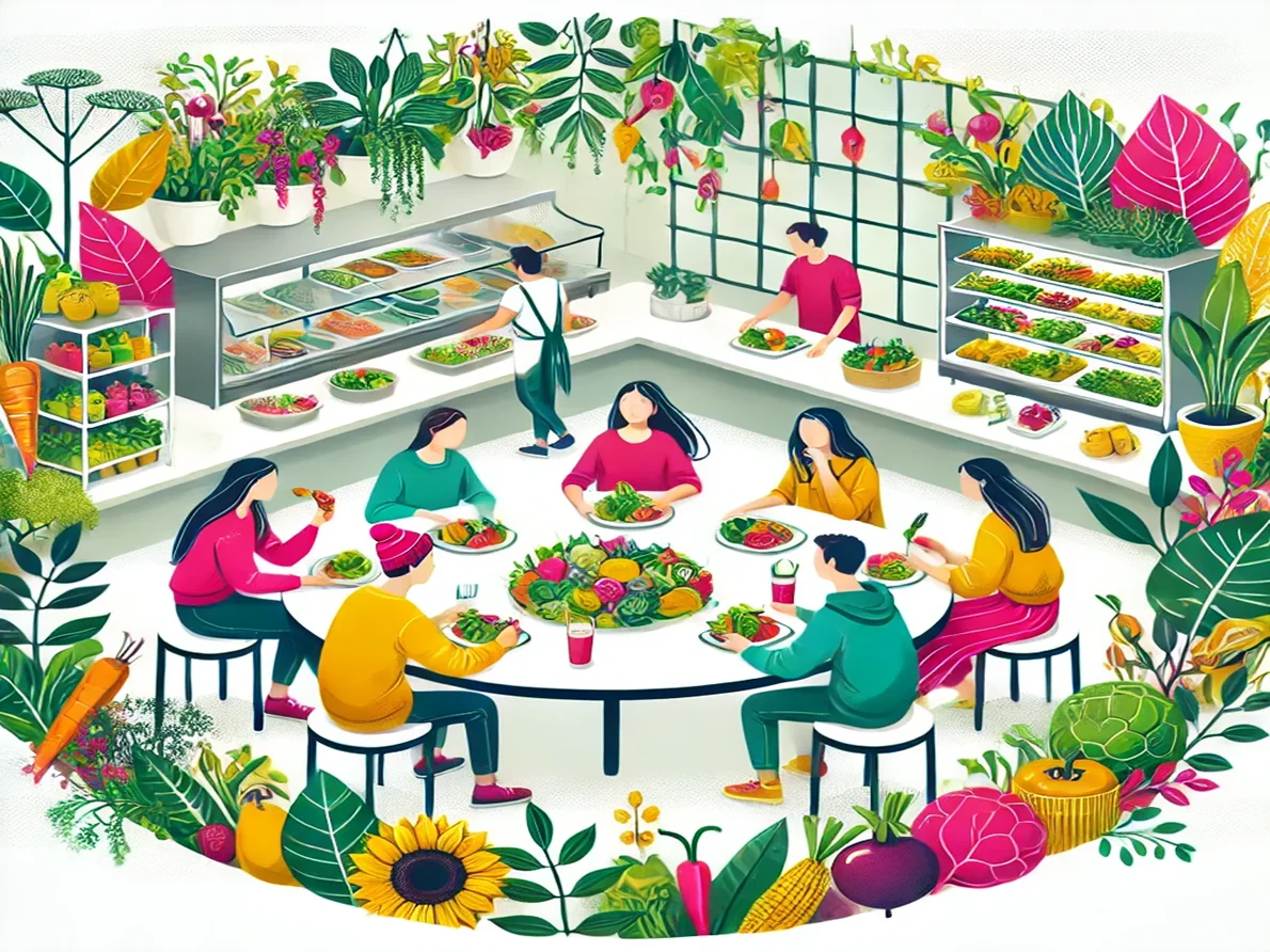 Illustration, die Mittagessen in einer Mensa darstellt.