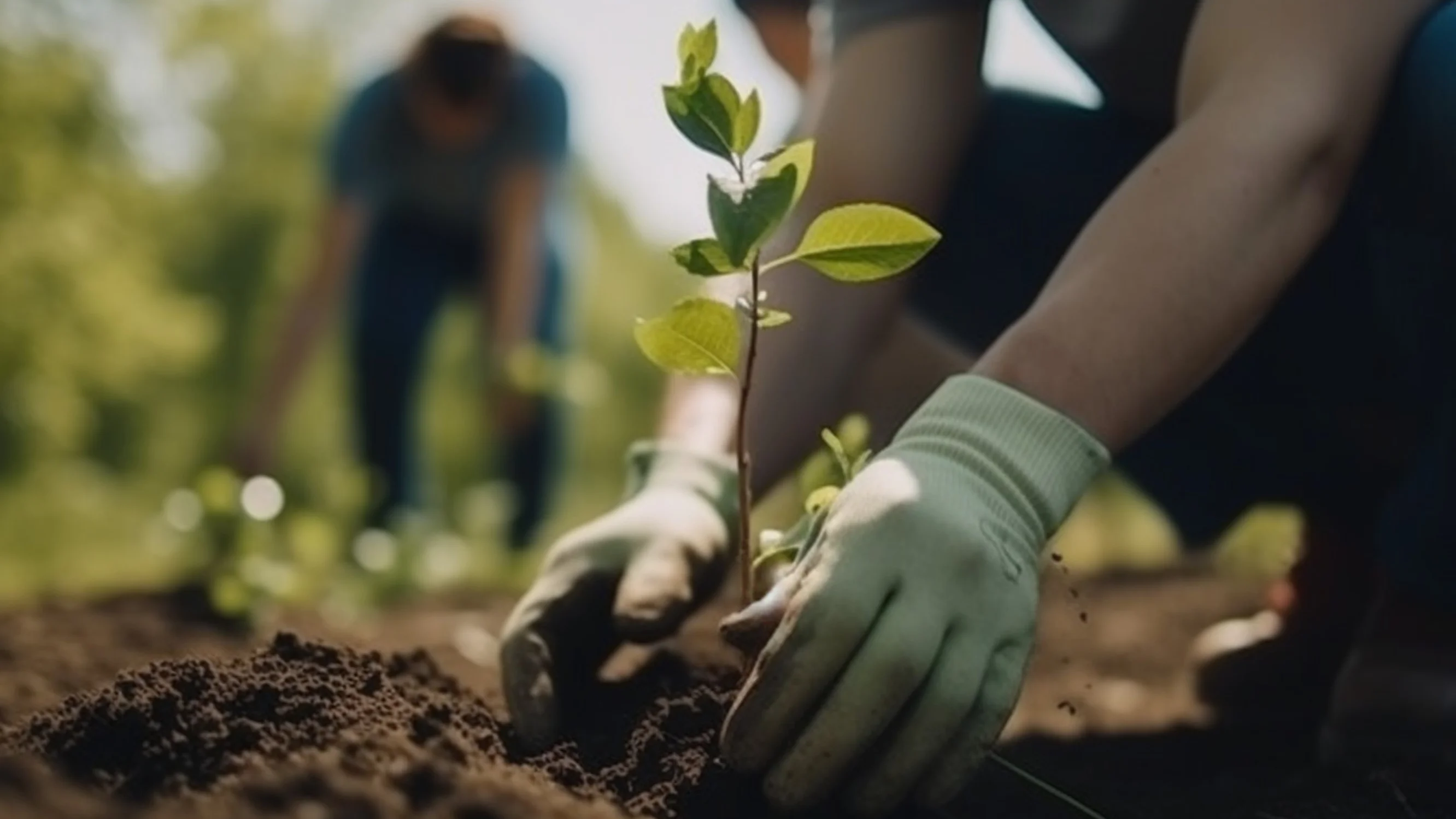 Gloved hands planting a small seedling in the soil, with another person working in the field in the background