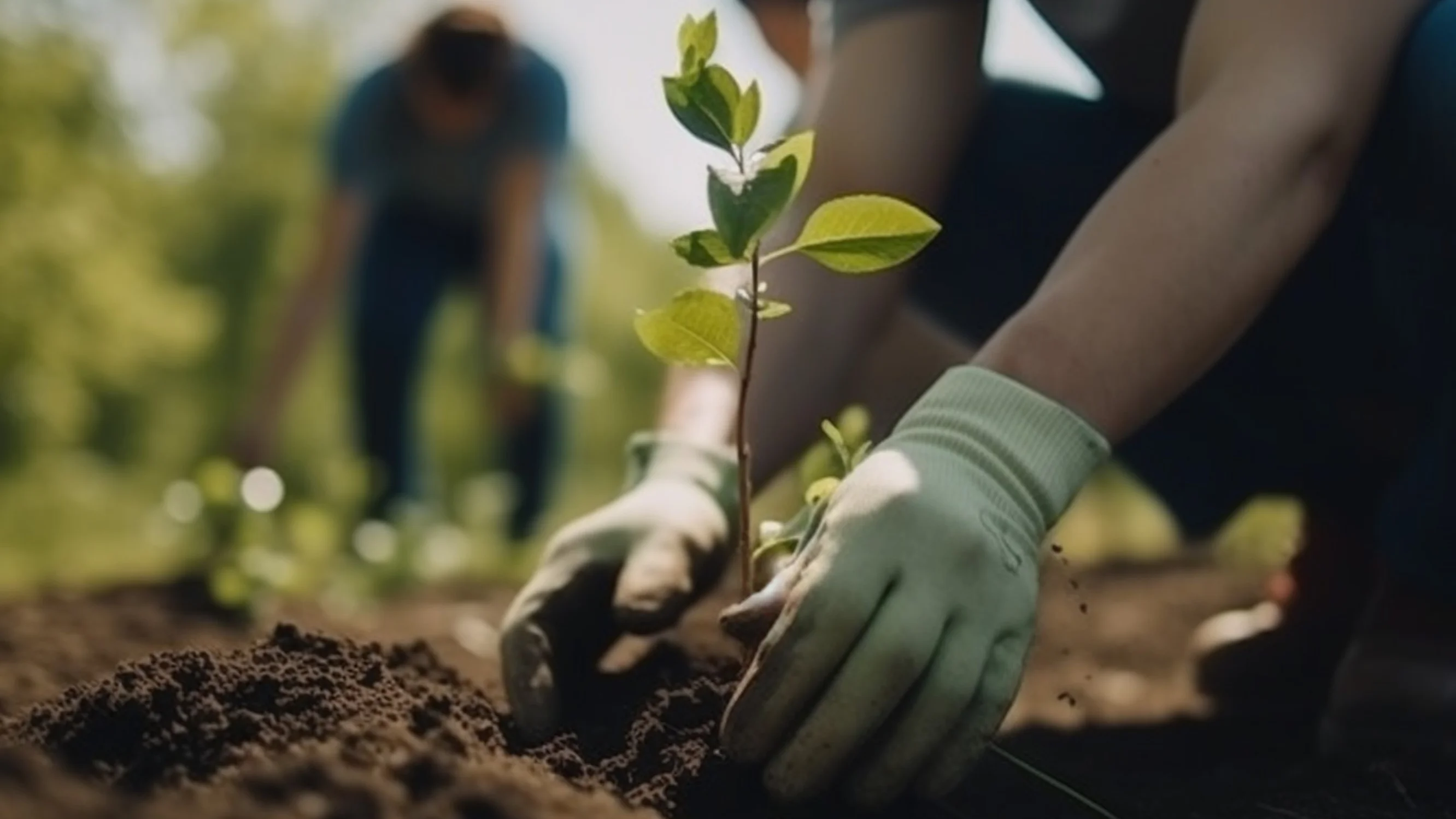 Behandschuhte Hände pflanzen einen kleinen Setzling in die Erde, im Hintergrund eine weitere Person, die im Feld arbeitet