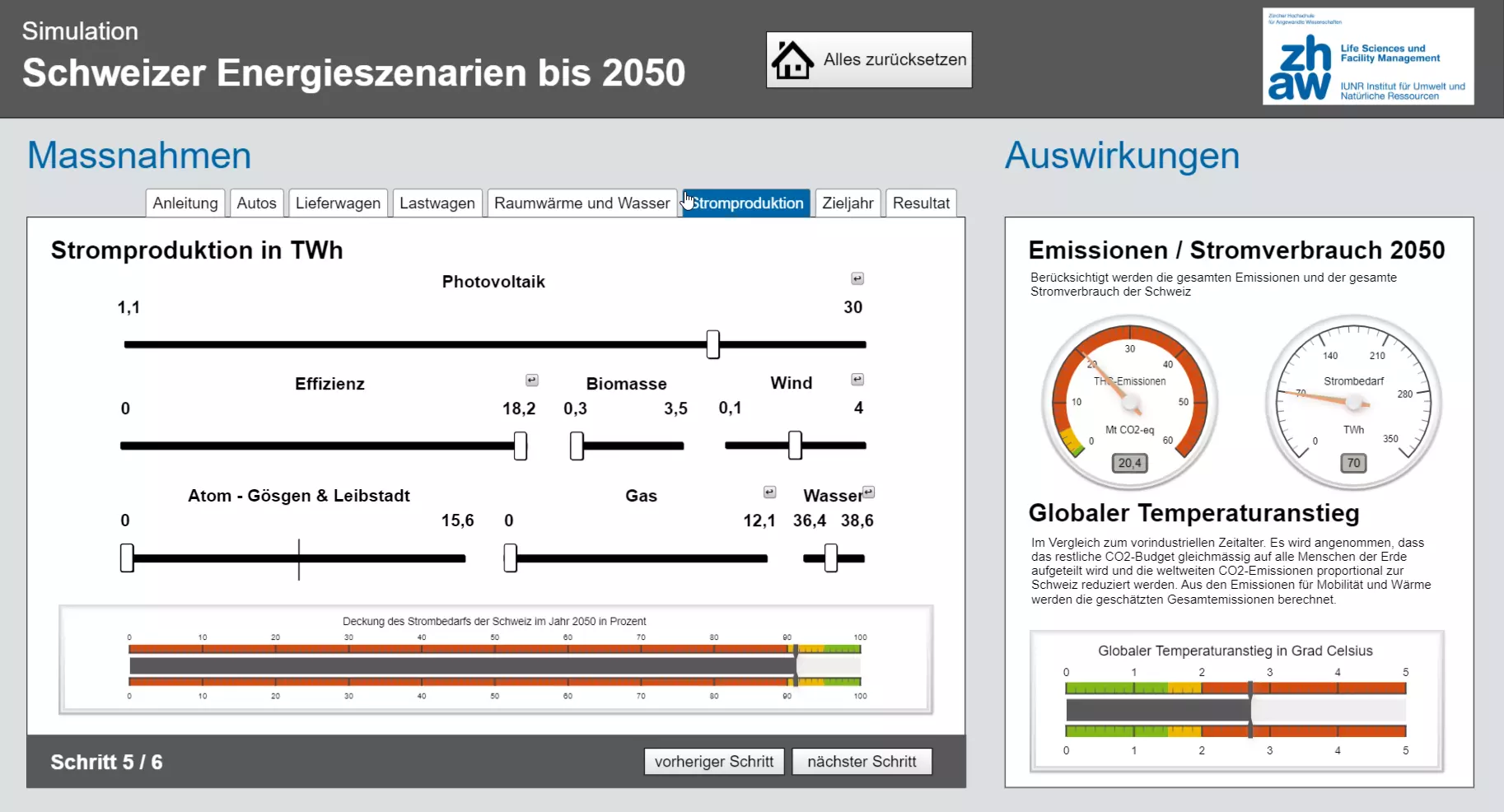 Ein Screenshot des Dekarbonisierungsrechners. Mittels Schiebereglern kann der Benutzer die absolute Stromproduktion für das Zieljahr in TWh einstellen. Er hat folgende Schieberegler zur Auswahl: Photovoltaik, Effizienz, Biomasse, Wind, Atom, Gas, Wasser. Auf einer Auswertung wird angezeigt, wie viel Prozent des schweizer Strombedarfs im Jahr 2050 durch Eigenproduktion gedeckt sein werden. (Zum Vergrössern klicken)