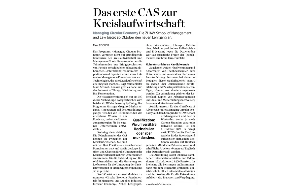 Das erste CAS zur Kreislaufwirtschaft
