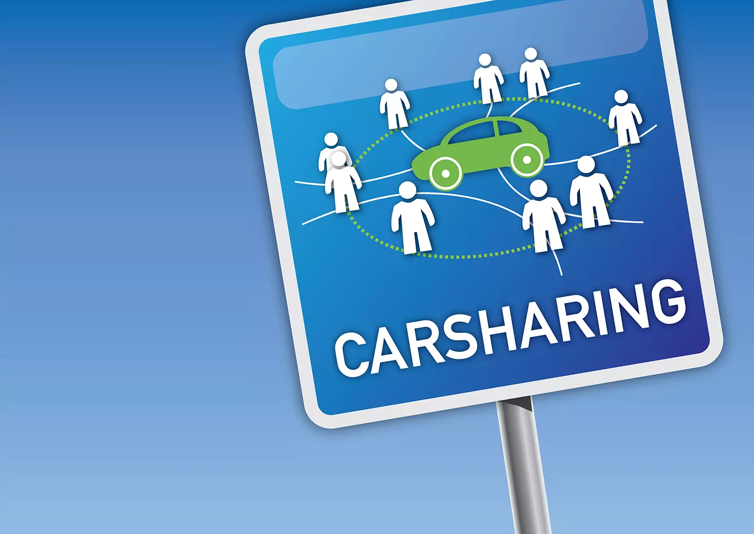 Symbolbild Car Sharing: Ein Auto für mehrere Personen auf Strassenschild abgebildet