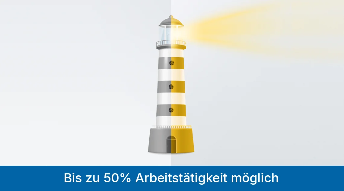 Grafik mit einem Leuchtturm, dessen linke Hälfte silbern und rechte Hälfte goldfarben dargestellt ist. Der Leuchtturm sendet einen Lichtstrahl nach rechts aus. Am unteren Bildrand steht der Hinweis: „Bis zu 50 % Arbeitstätigkeit möglich“.