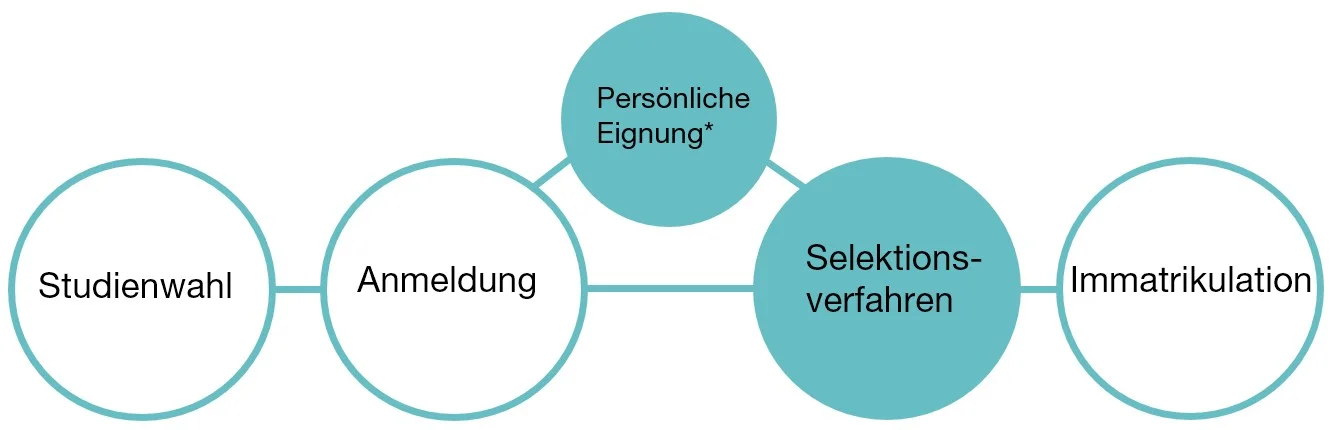 Grafik Ablauf Aufnahmeverfahren BSc Hebamme: 1. Studienwahl / 2. Anmeldung / 3. Eignungsabklärung / 4. Slektionsverfahren / 5. Immatrikulation