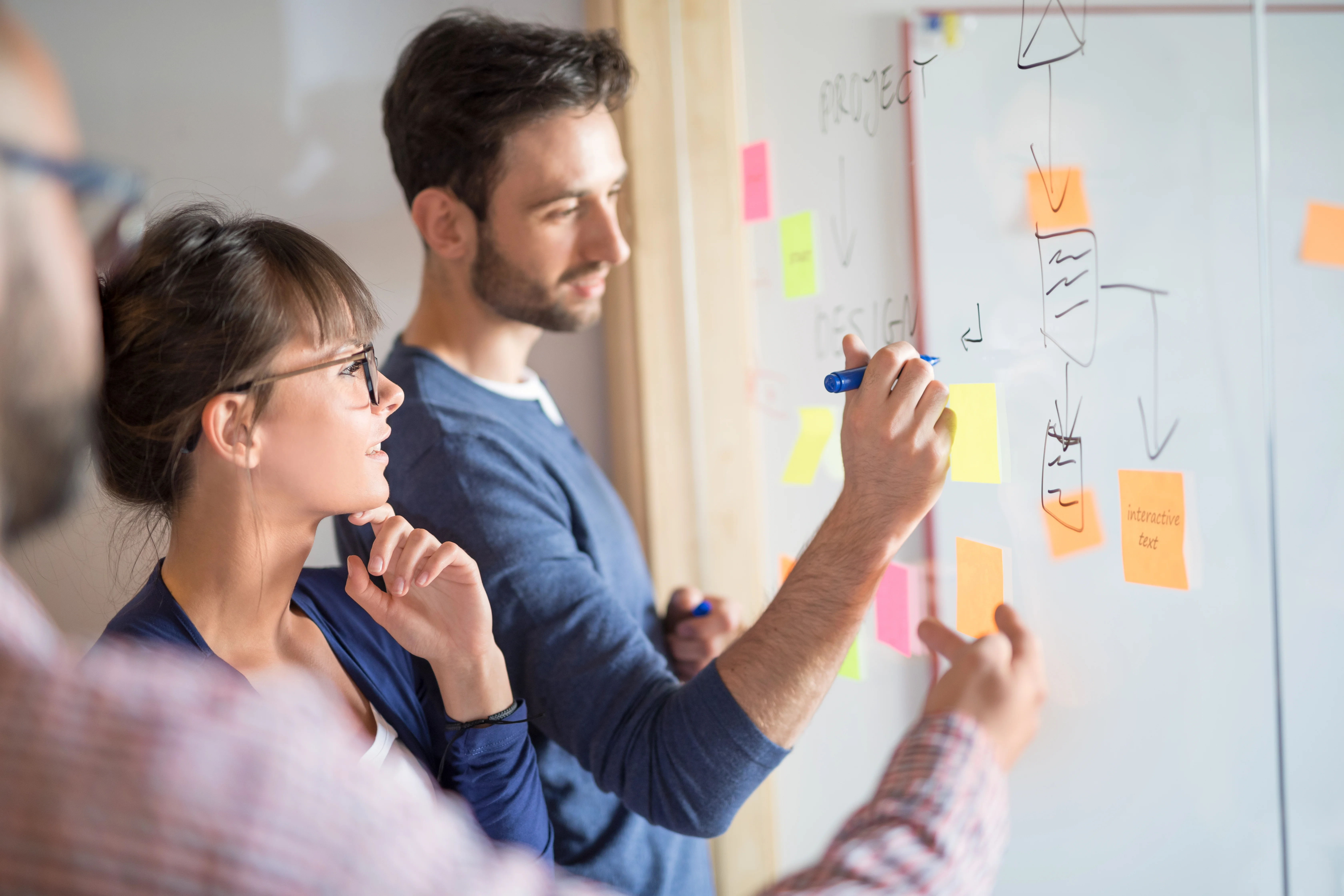People collaboratively developing ideas at a whiteboard with colourful sticky notes.