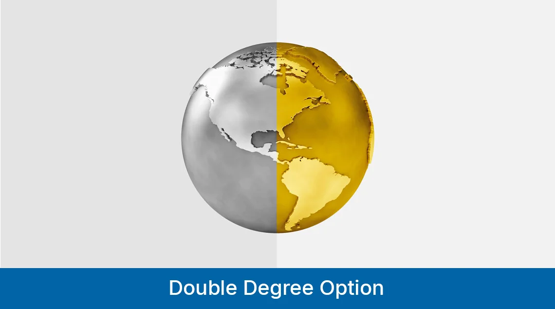 Grafik mit einer mittig dargestellten Weltkugel, deren linke Hälfte silbern und rechte Hälfte goldfarben eingefärbt ist. Am unteren Bildrand steht auf einem blauen Balken der Hinweis: „Double Degree Option“.