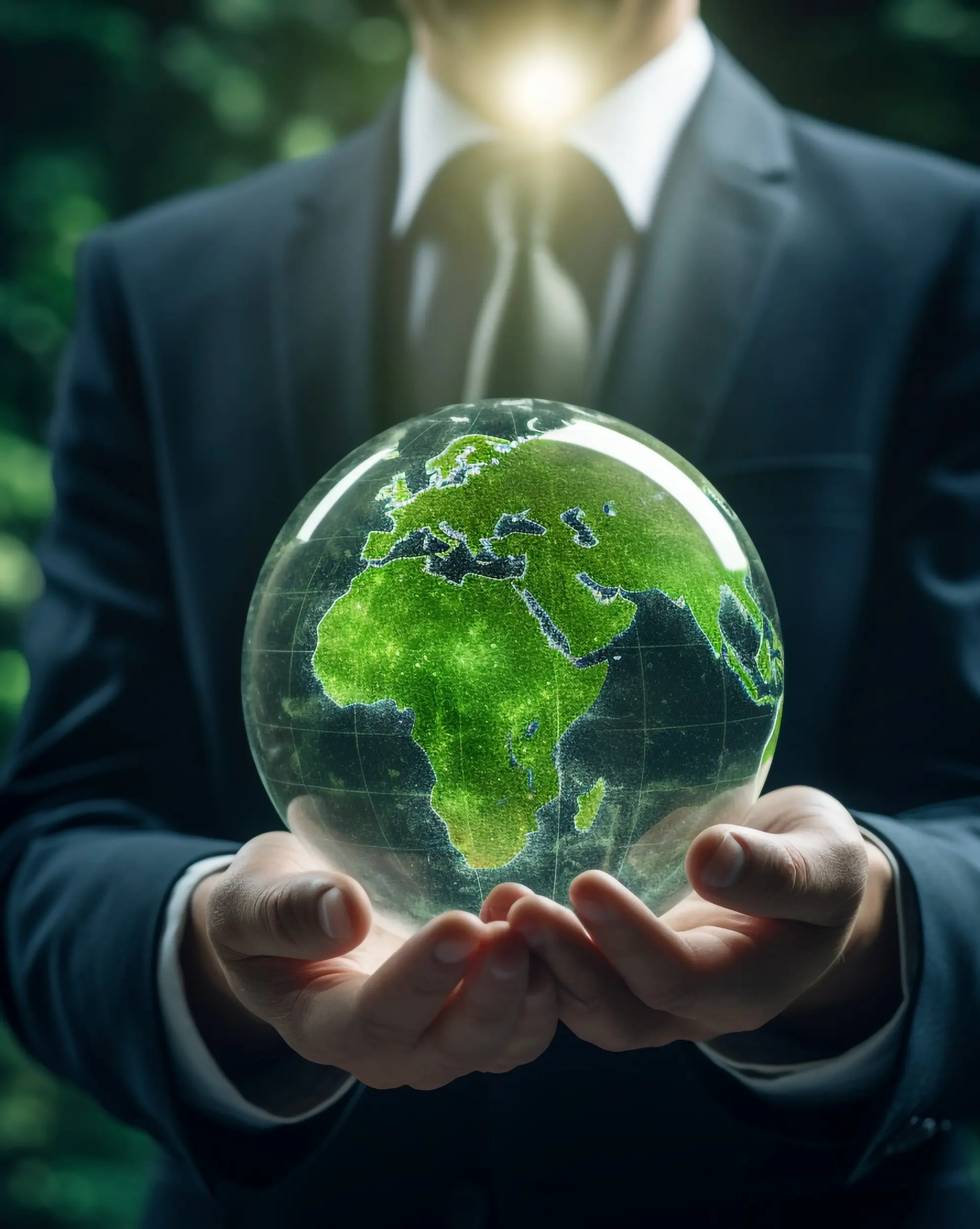 ESG environmental social governance business strategy investing concept. Businessman holding green earth globe world .Ethical and sustainable investing. Enhance ESG alignment of investments . Eco