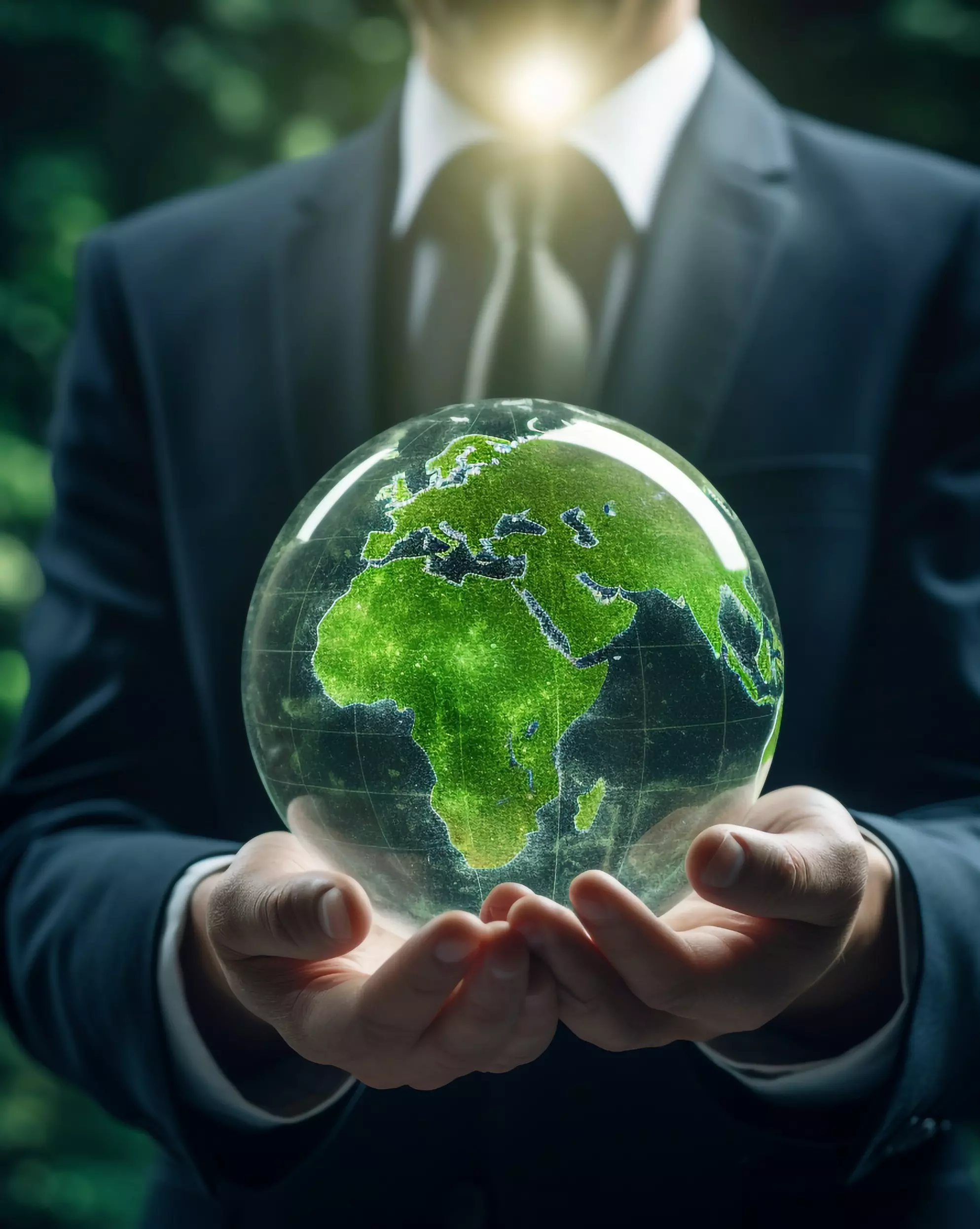 ESG environmental social governance business strategy investing concept. Businessman holding green earth globe world .Ethical and sustainable investing. Enhance ESG alignment of investments . Eco