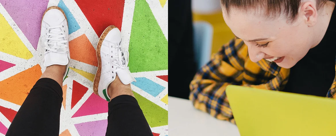 Zweigeteiltes Bild. Auf der linken Seite sieht man Beine mit weissen Schuhen, die auf einem farbigen Boden stehen. Auf der rechten Seite sieht man eine lachende Frau, die an einem Tisch sitzt.