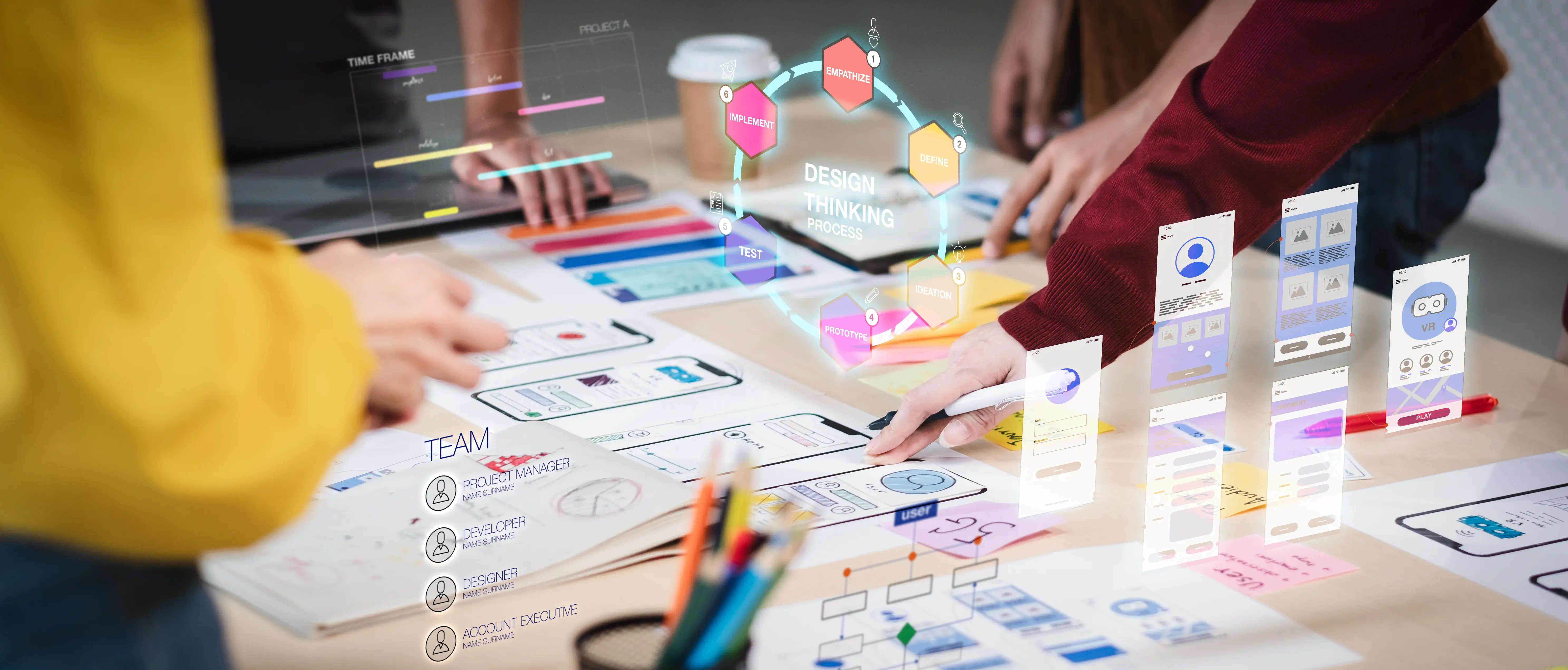 Close up ux developer and ui designer use augmented reality brainstorming about mobile app interface wireframe design on desk at modern office.Creative digital development agency
