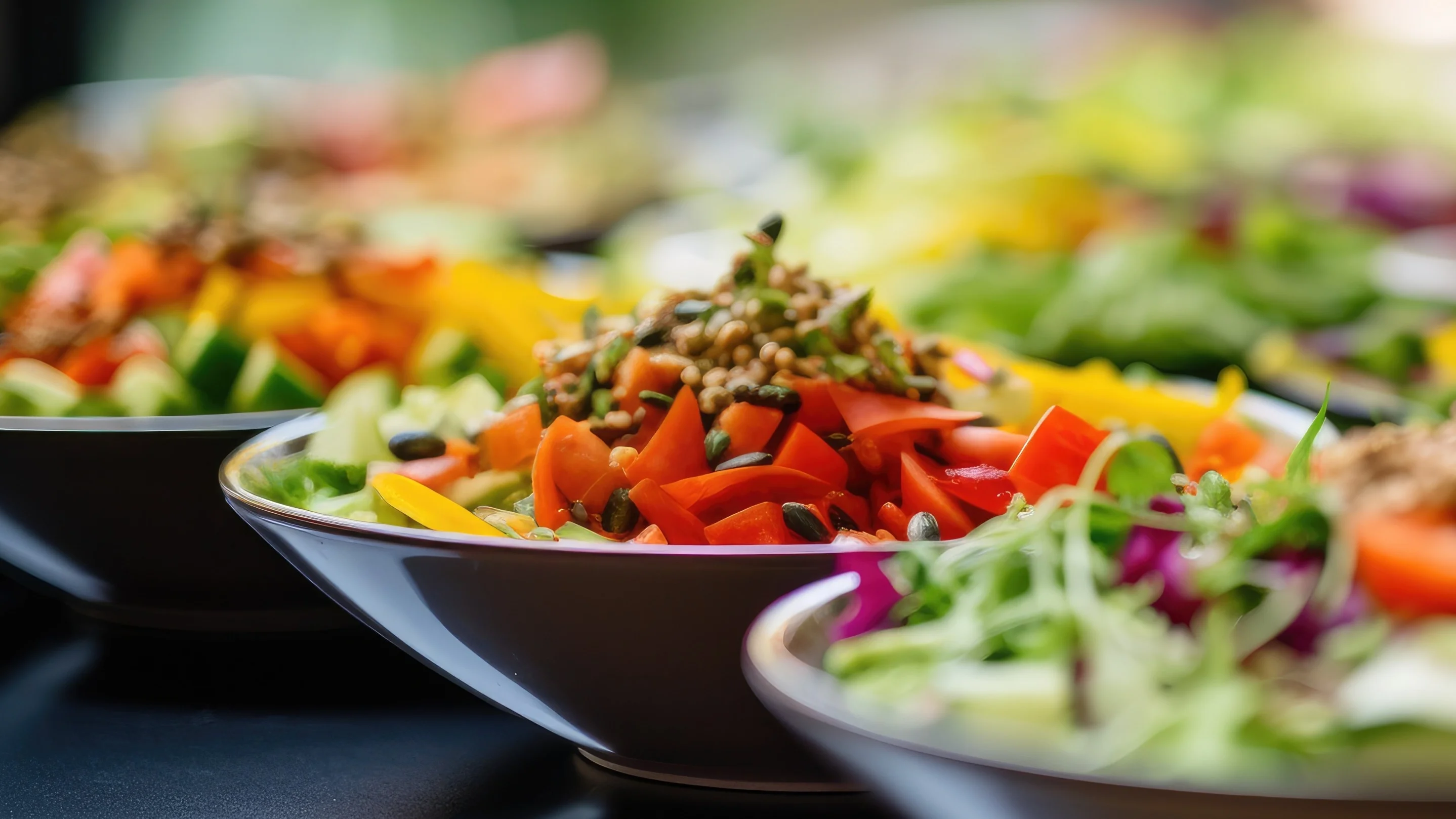 Several bowls filled with colorful mixed salad and vegetables, photographed close together.