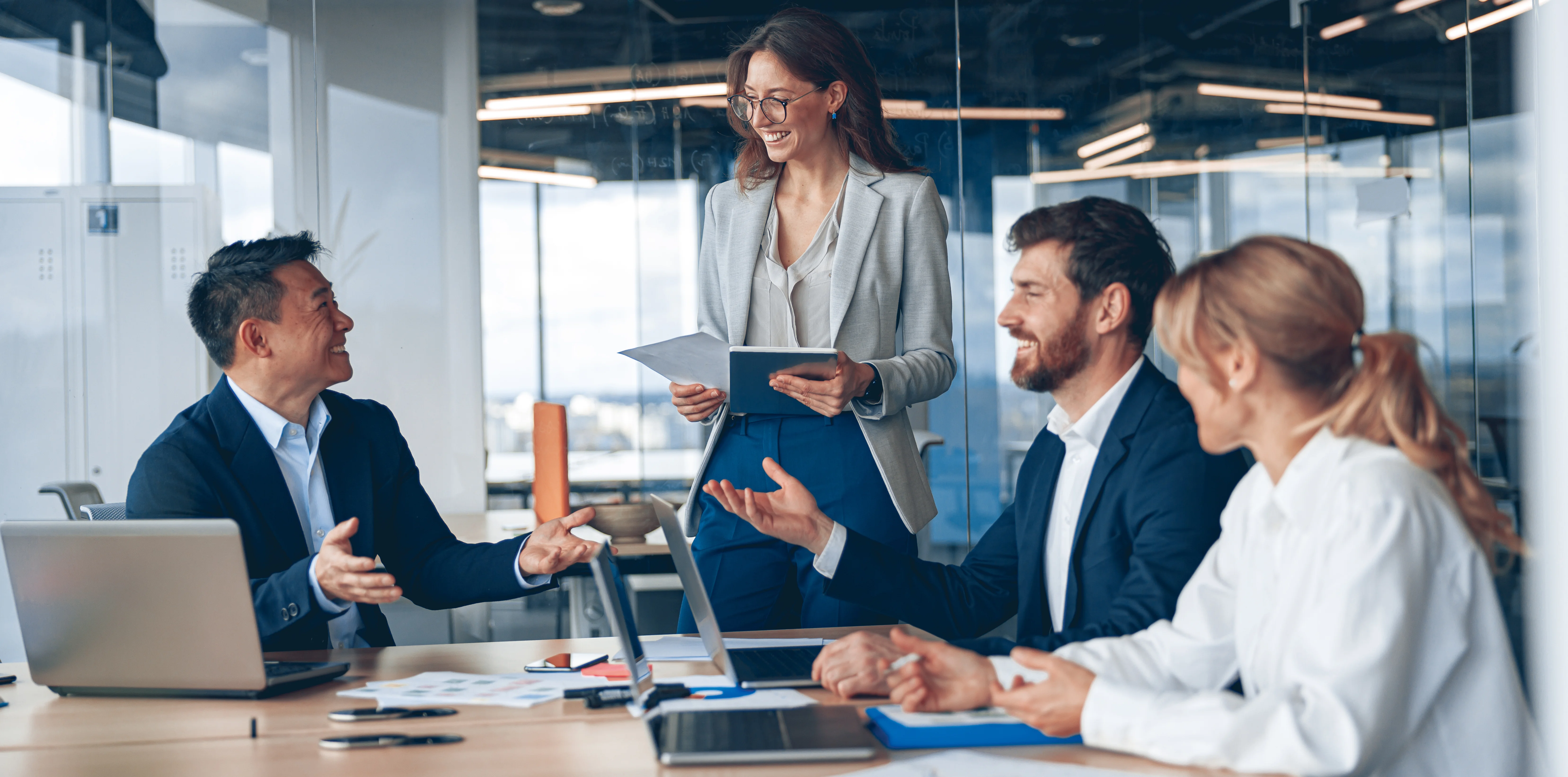 A group of business people partners during a set team meeting in the modern office