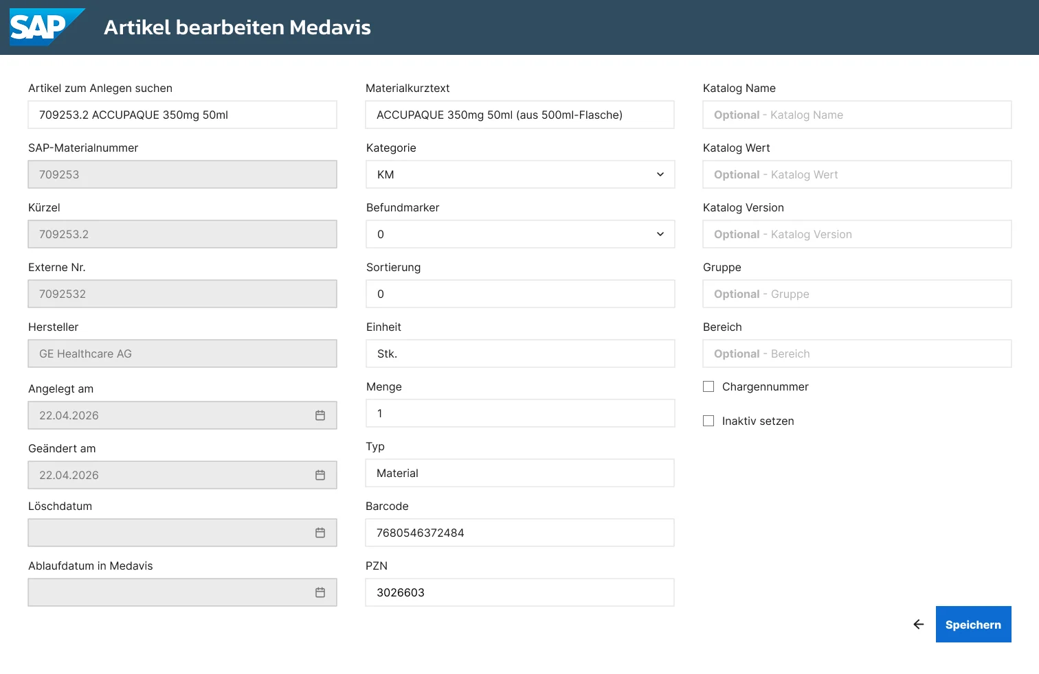 Prototypische Übersicht zur Bearbeitung der  Stammdaten eines Medikaments für das Radiologieinformationssystem Medavis.